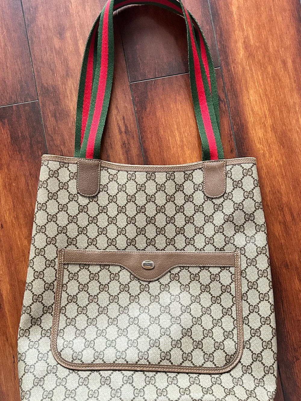 Gucci Beige GG Canvas Tote with Green and Red Striped Straps